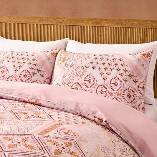 Aurora 100% Cotton Tile Print Duvet Cover & Pillowcase Set - Pink - DUSK