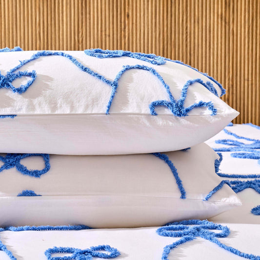 Bella 100% Cotton Tufted Bows Duvet Cover & Pillowcase Set - Light Cornflower - DUSK