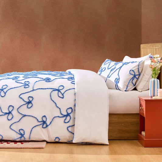 Bella 100% Cotton Tufted Bows Duvet Cover & Pillowcase Set - Light Cornflower - DUSK