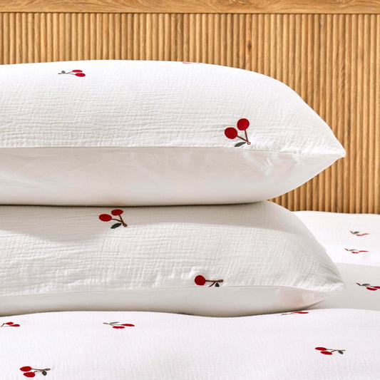 Cherry Embroidery 100% Cotton Muslin Duvet Cover & Pillowcase Set - White - DUSK