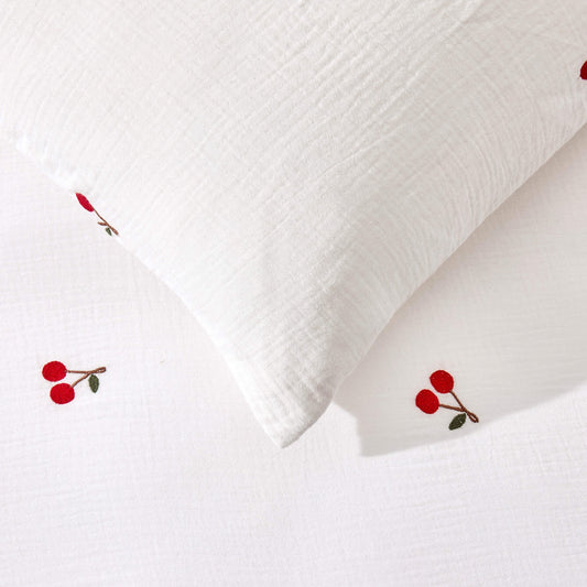Cherry Embroidery 100% Cotton Muslin Duvet Cover & Pillowcase Set - White - DUSK