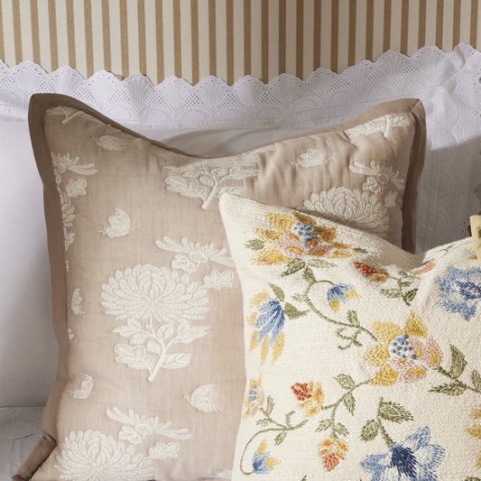 Chrysanthemum Embroidered Cushion Cover - Taupe - DUSK