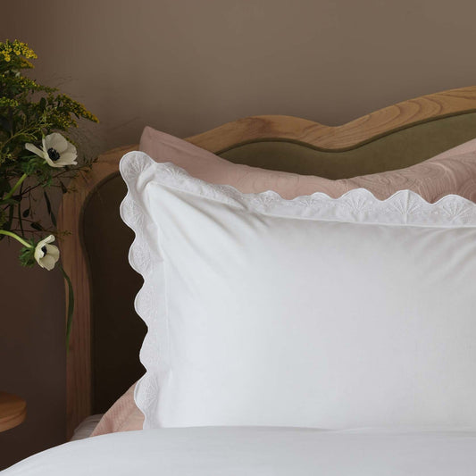 Collette 200 Thread Count Lace Scallop Trim Duvet Cover & Pillowcase Set - White - DUSK