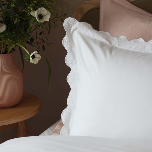 Collette 200 Thread Count Lace Scallop Trim Duvet Cover & Pillowcase Set - White - DUSK