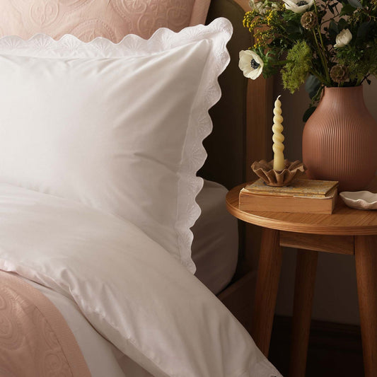 Collette 200 Thread Count Lace Scallop Trim Duvet Cover & Pillowcase Set - White - DUSK