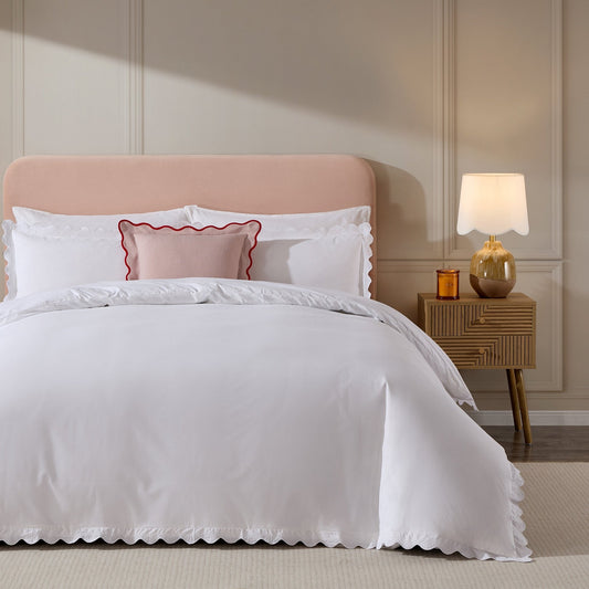 Collette 200 Thread Count Lace Scallop Trim Duvet Cover & Pillowcase Set - White - DUSK
