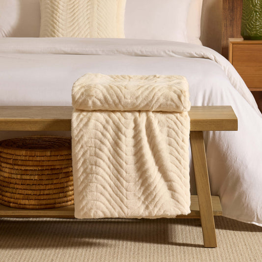 Curved Pattern Ribbed Faux Fur Sofa Throw - Cream - DUSK
