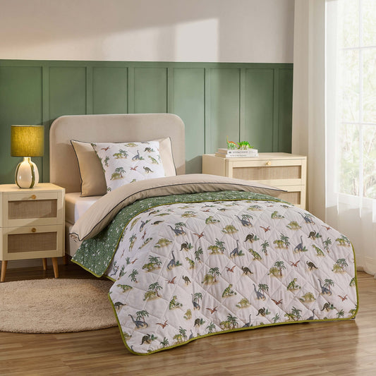Finn Dino Reversible Print Cushion & Bedspread Set - Green - DUSK
