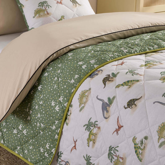 Finn Dino Reversible Print Cushion & Bedspread Set - Green - DUSK