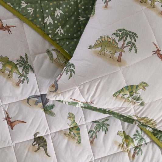 Finn Dino Reversible Print Cushion & Bedspread Set - Green - DUSK