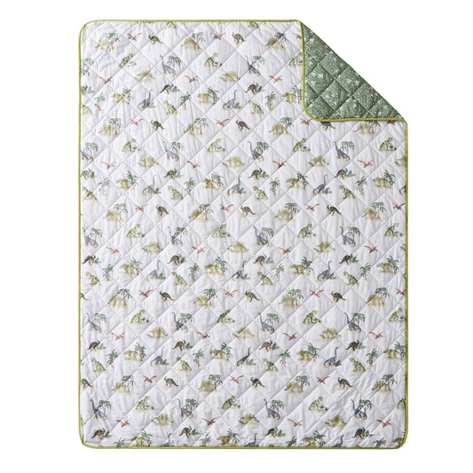 Finn Dino Reversible Print Cushion & Bedspread Set - Green - DUSK