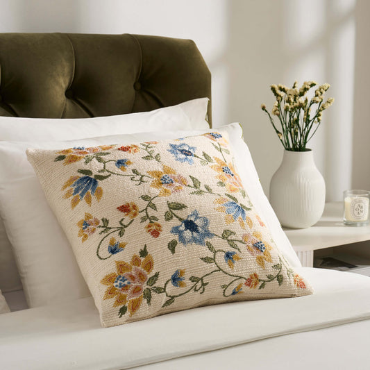Floral Jacquard Embroidered Cushion Cover - Blue - DUSK