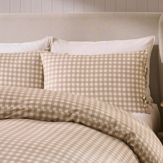 Gabriella Gingham 100% Cotton Duvet Cover and Pillowcase Set - Natural - DUSK