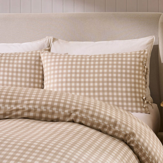 Gabriella Gingham 100% Cotton Duvet Cover and Pillowcase Set - Natural - DUSK