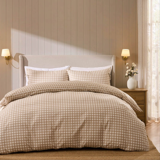 Gabriella Gingham 100% Cotton Duvet Cover and Pillowcase Set - Natural - DUSK