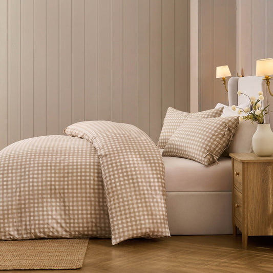 Gabriella Gingham 100% Cotton Duvet Cover and Pillowcase Set - Natural - DUSK
