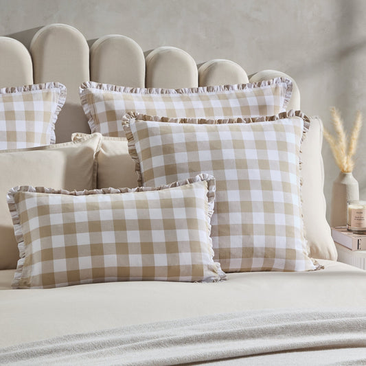Gingham Square Frill Edge Cushion Cover - Natural - DUSK