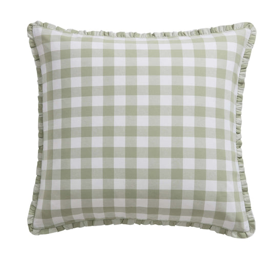 Gingham Square Frill Edge Sofa Cushion Cover - Sage - DUSK