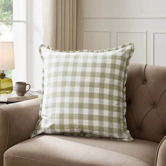 Gingham Square Frill Edge Sofa Cushion Cover - Sage - DUSK