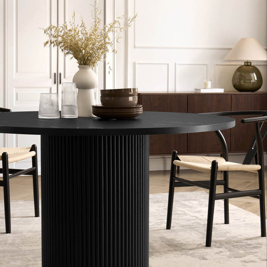 Hattie Panel Round 4 - 6 Seater Pedestal Dining Table - Black Marble - DUSK
