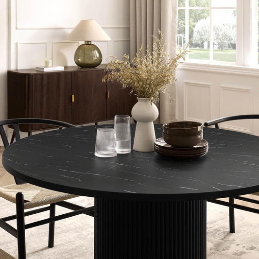 Hattie Panel Round 4 - 6 Seater Pedestal Dining Table - Black Marble - DUSK