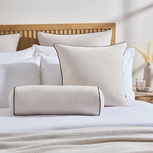 Linen Look Piped Edge Cushion Cover - Stone/Black - DUSK