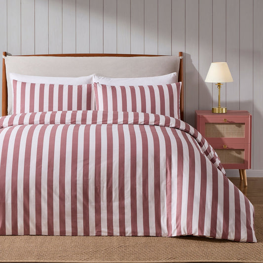 Livia Wide Printed Stripe Duvet Cover & Pillowcase Set - Berry - DUSK