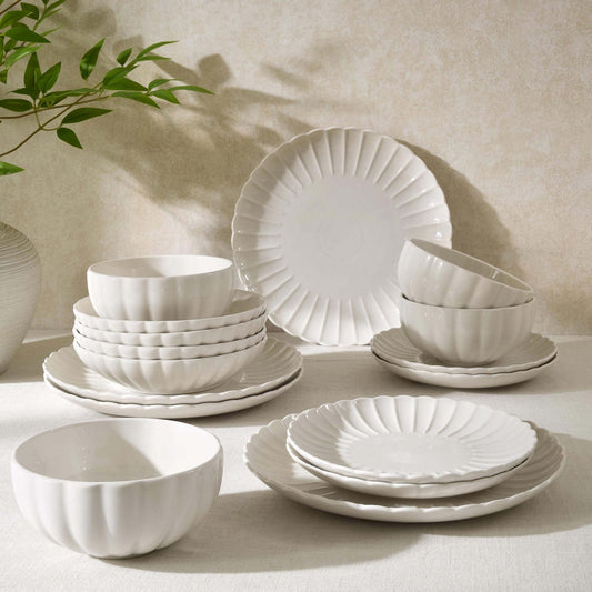 Mira Scalloped 16 Piece Dinner Set - Off White - DUSK