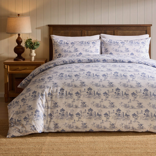 Ophelia Toile Print 100% Cotton 200 Thread Count Duvet Cover & Pillowcase Set - Light Blue - DUSK