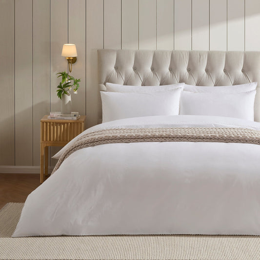 Pair of Girona Pom - Pom Pillowcases - 200 Thread Count - Cotton - White - DUSK