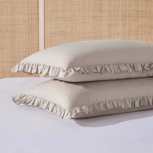Pair of Marion Ruffle Edge Oxford Pillowcases - Washed Cotton - Sand - DUSK