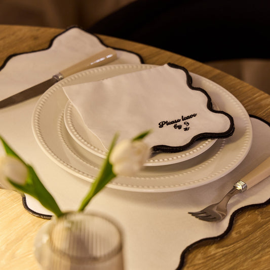 Please leave by 9 Scallop Edge Set of 4 Napkins - Off White/Black - DUSK
