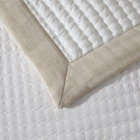 Portobello Floral Embroidered Linen Edge Bedspread - White/Natural - DUSK