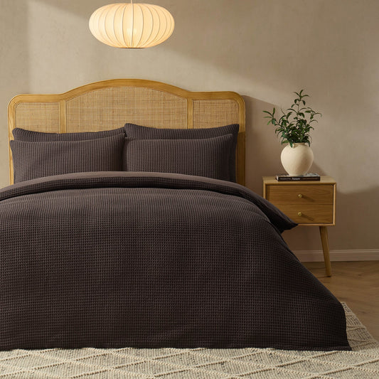 Portofino Waffle 100% Cotton Duvet Cover 200 Thread Count - Chocolate - DUSK
