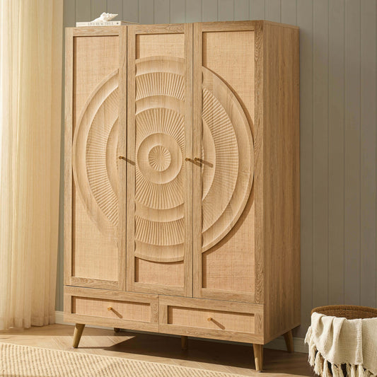 Raven Rattan 3 Door Wardrobe with Drawers - Light Wood - DUSK
