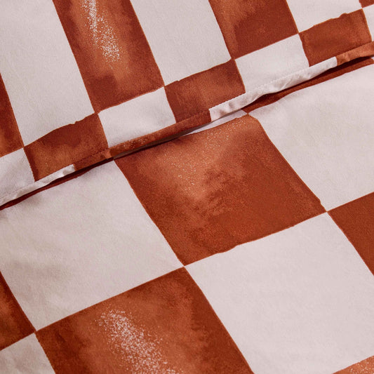 Retro Checkerboard 100% Cotton Duvet Cover & Pillowcase Set - Burnt Orange - DUSK