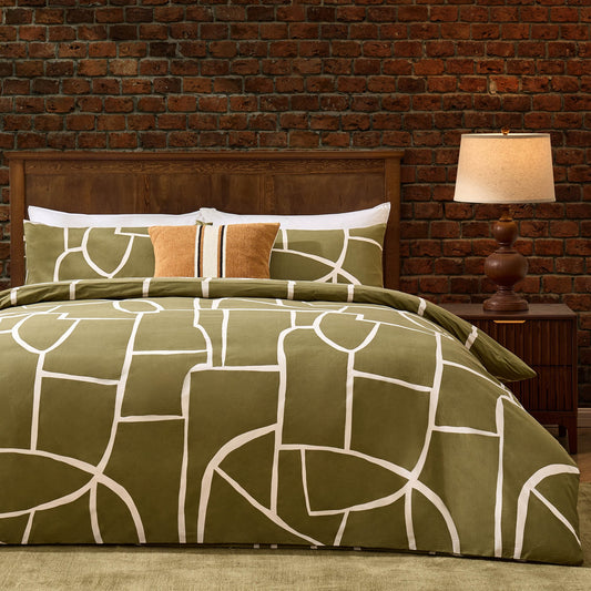 Reuben 100% Cotton Tile Print Duvet Cover & Pillowcase Set - Olive - DUSK