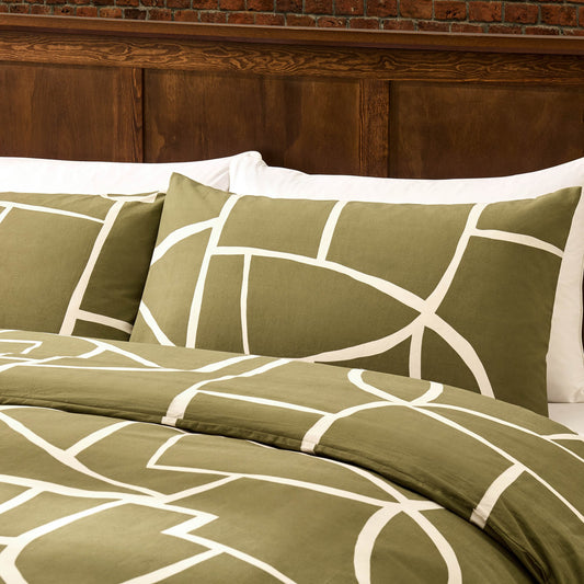 Reuben 100% Cotton Tile Print Duvet Cover & Pillowcase Set - Olive - DUSK