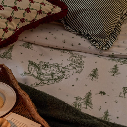 Santa Toile Brushed Cotton Duvet Cover & Pillowcase Set - Green - DUSK