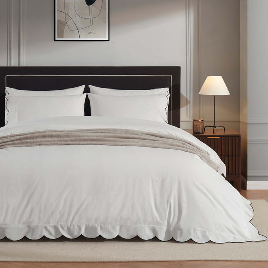 Simone Scallop Embroidered Edge Duvet Cover - Off White/Black - DUSK
