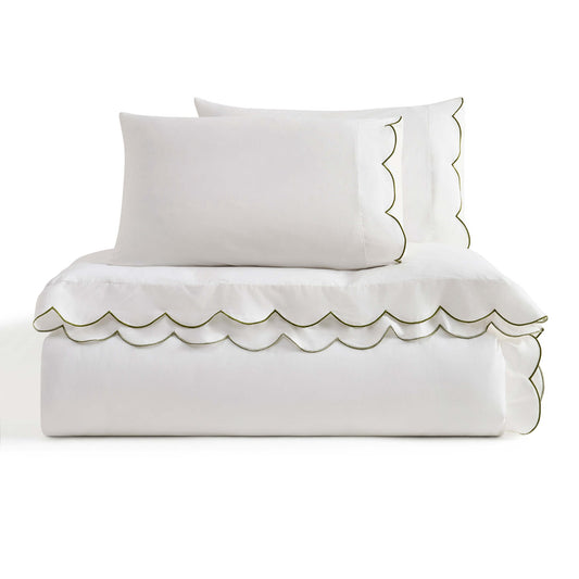 Simone Scallop Embroidered Edge Duvet Cover - Off White/Olive - DUSK