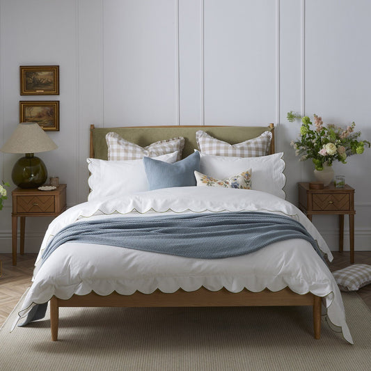 Simone Scallop Embroidered Edge Duvet Cover - Off White/Olive - DUSK