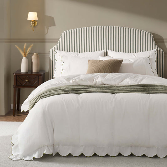 Simone Scallop Embroidered Edge Duvet Cover - Off White/Olive - DUSK