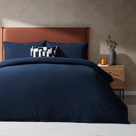 Washed Cotton Ramie Linen Look Plain Dye Duvet Cover - Midnight Navy - DUSK