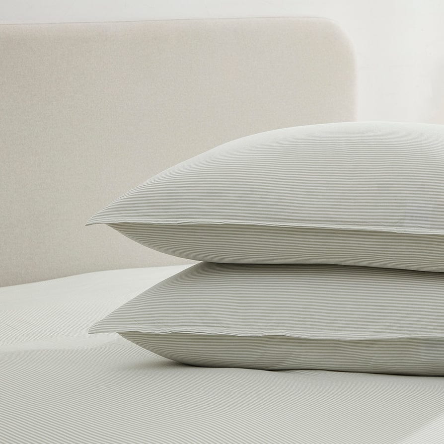 Pair of Rio Pillowcases - 200 TC - Washed Cotton - Sage/Stripe