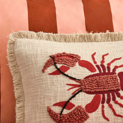 100% Cotton Embroidered Loop Lobster Cushion Cover - Stone/ Red - DUSK