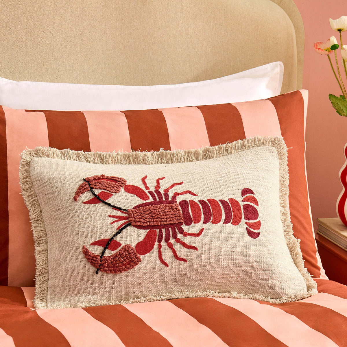 100% Cotton Embroidered Loop Lobster Cushion Cover - Stone/ Red - DUSK