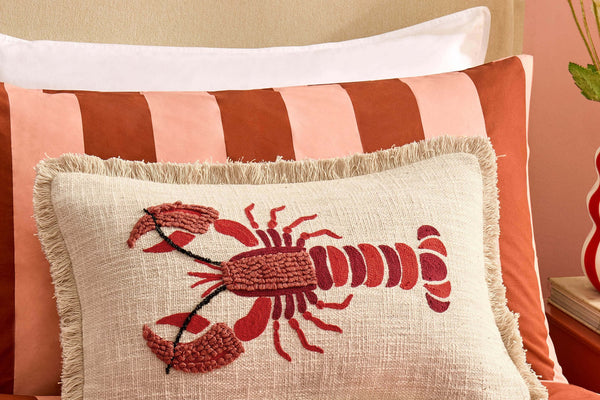 100% Cotton Embroidered Loop Lobster Cushion Cover - Stone/ Red - DUSK