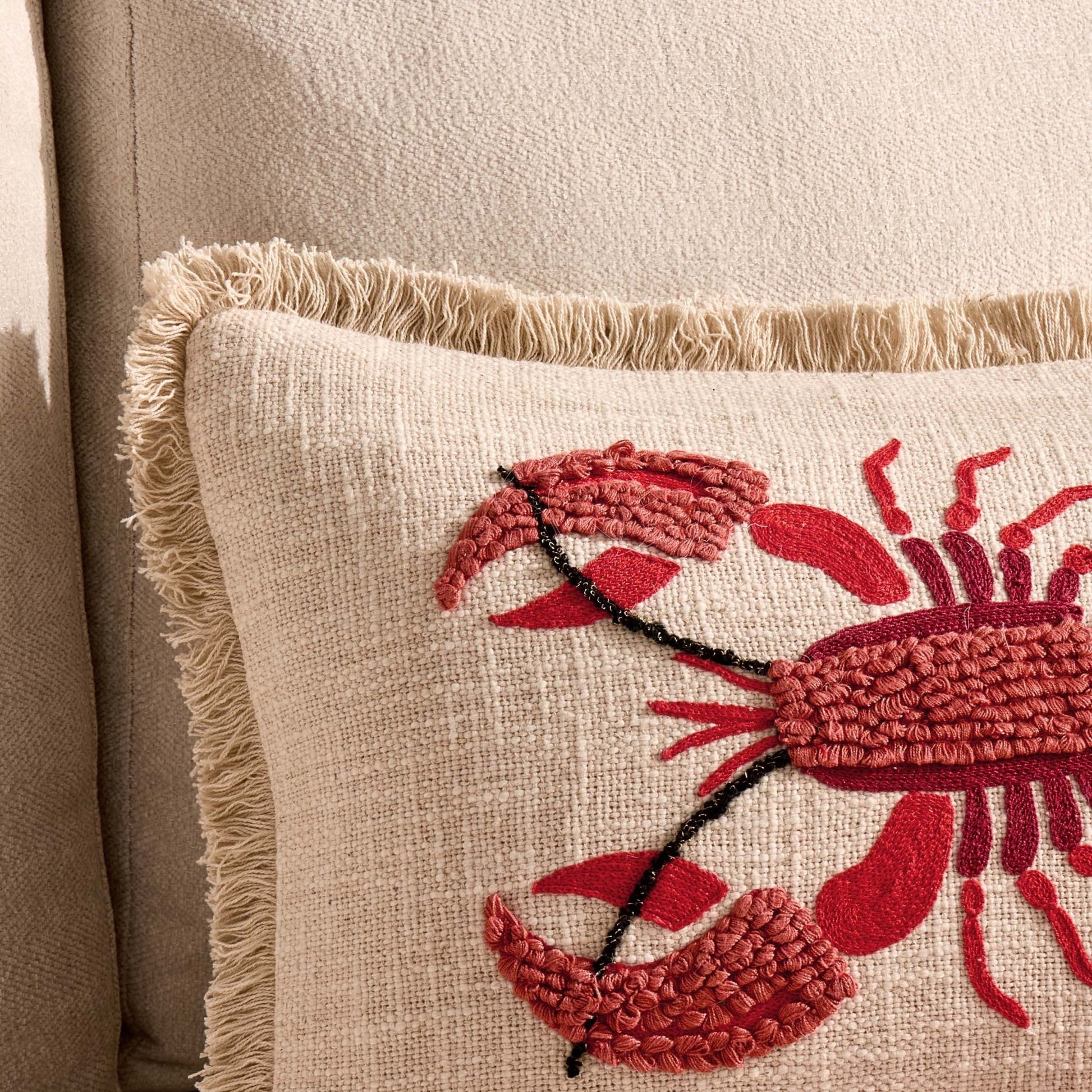 100% Cotton Embroidered Loop Lobster Sofa Cushion Cover - Stone/ Red - DUSK