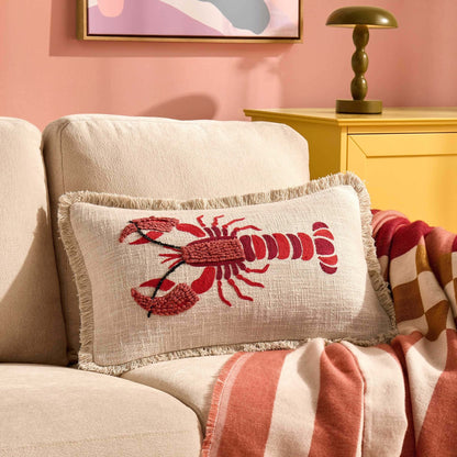 100% Cotton Embroidered Loop Lobster Sofa Cushion Cover - Stone/ Red - DUSK